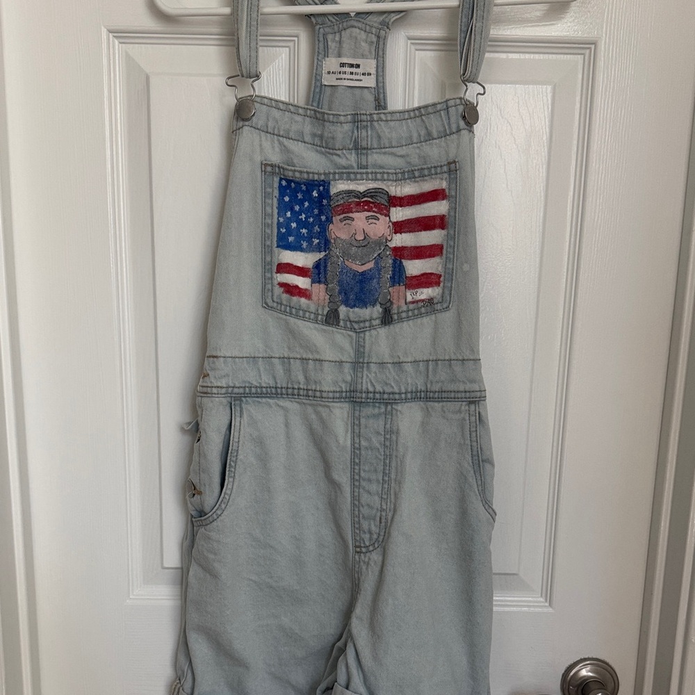 Light Blue Denim Overalls with American Flag Patch -note shorts!!!
